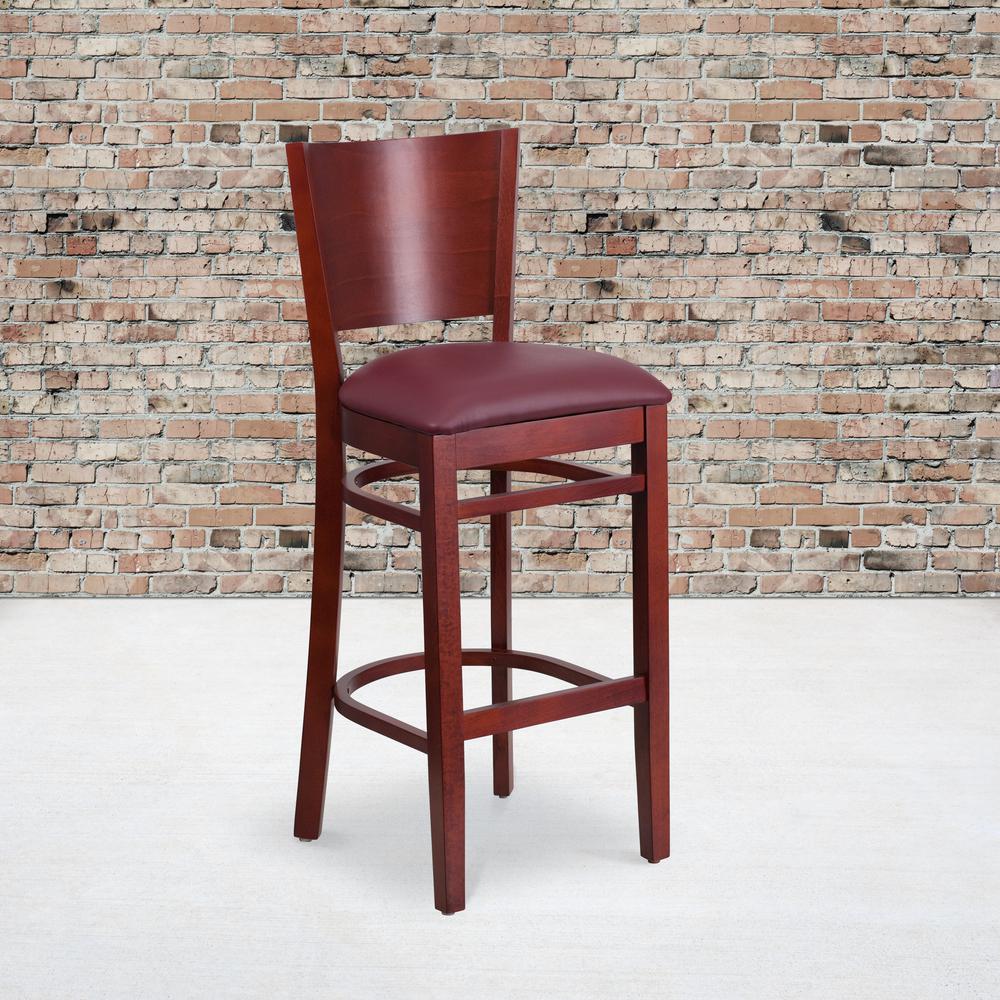 Solid Back Mahogany Wood Restaurant Barstool - Burgundy Vinyl Seat