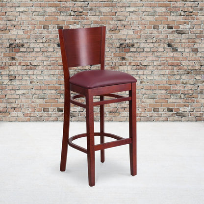 Solid Back Mahogany Wood Restaurant Barstool - Burgundy Vinyl Seat