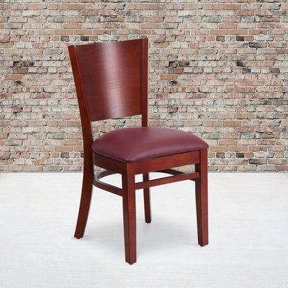Solid Back Mahogany Wood Restaurant Chair - Burgundy Vinyl Seat