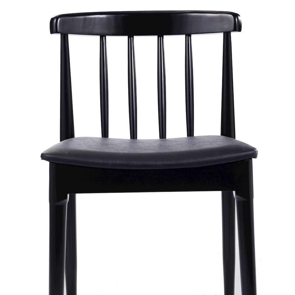 Solid Wood Black Dining Chair with Curved Spindle Backrest and Black Vinyl Seat