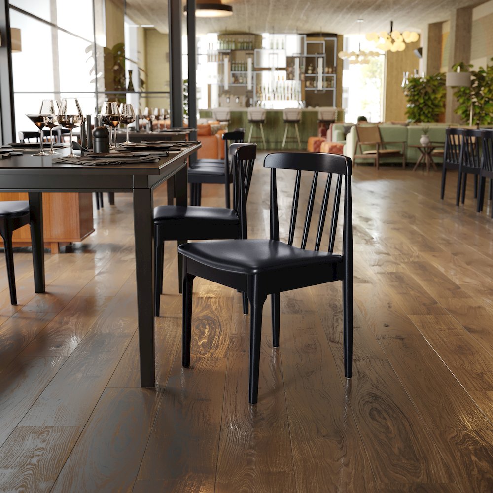 Solid Wood Black Dining Chair with Curved Spindle Backrest and Black Vinyl Seat