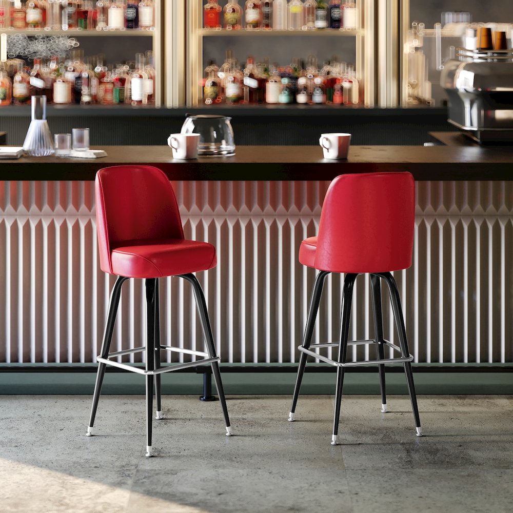 James Commercial Grade Metal Barstool with Red Swivel Bucket Seat