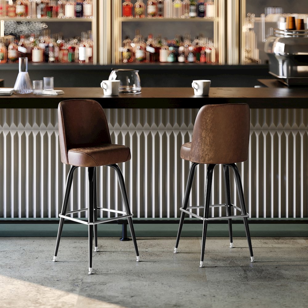 James Commercial Grade Metal Barstool with Weathered Brown Swivel Bucket Seat