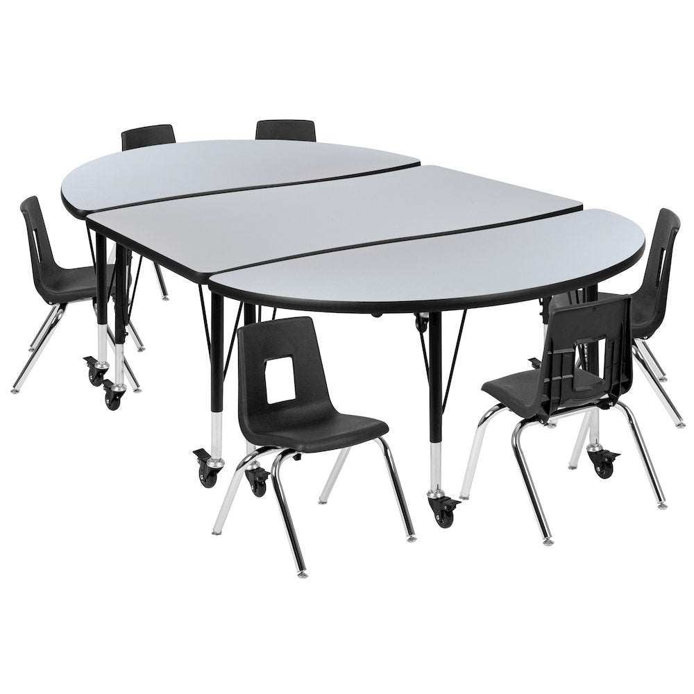 Mobile 76" Wave Activity Table Set with 12" Student Stack Chairs, Grey/Black