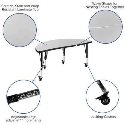 Mobile 76" Wave Activity Table Set with 12" Student Stack Chairs, Grey/Black