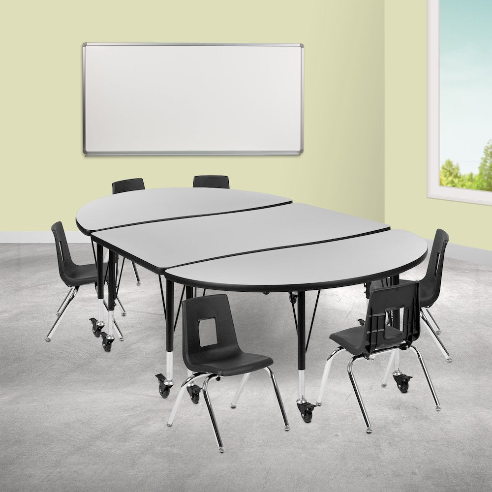 Mobile 76" Wave Activity Table Set with 12" Student Stack Chairs, Grey/Black