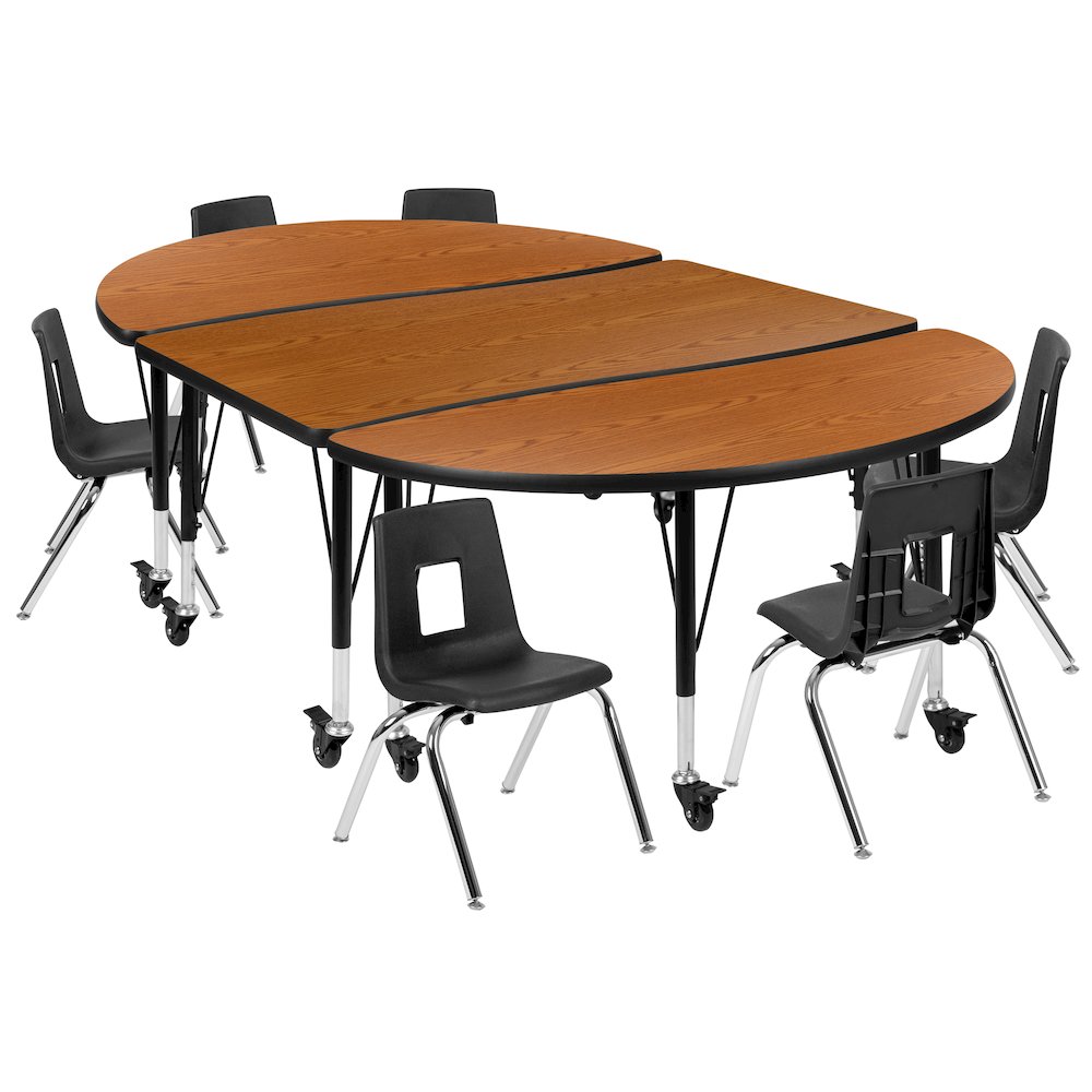 Mobile 76" Oval Wave Activity Table Set with 12" Student Stack Chairs, Oak/Black