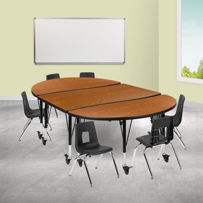 Mobile 76" Oval Wave Activity Table Set with 12" Student Stack Chairs, Oak/Black