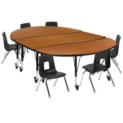 Mobile 86" Oval Wave Activity Table Set with 12" Student Stack Chairs, Oak/Black