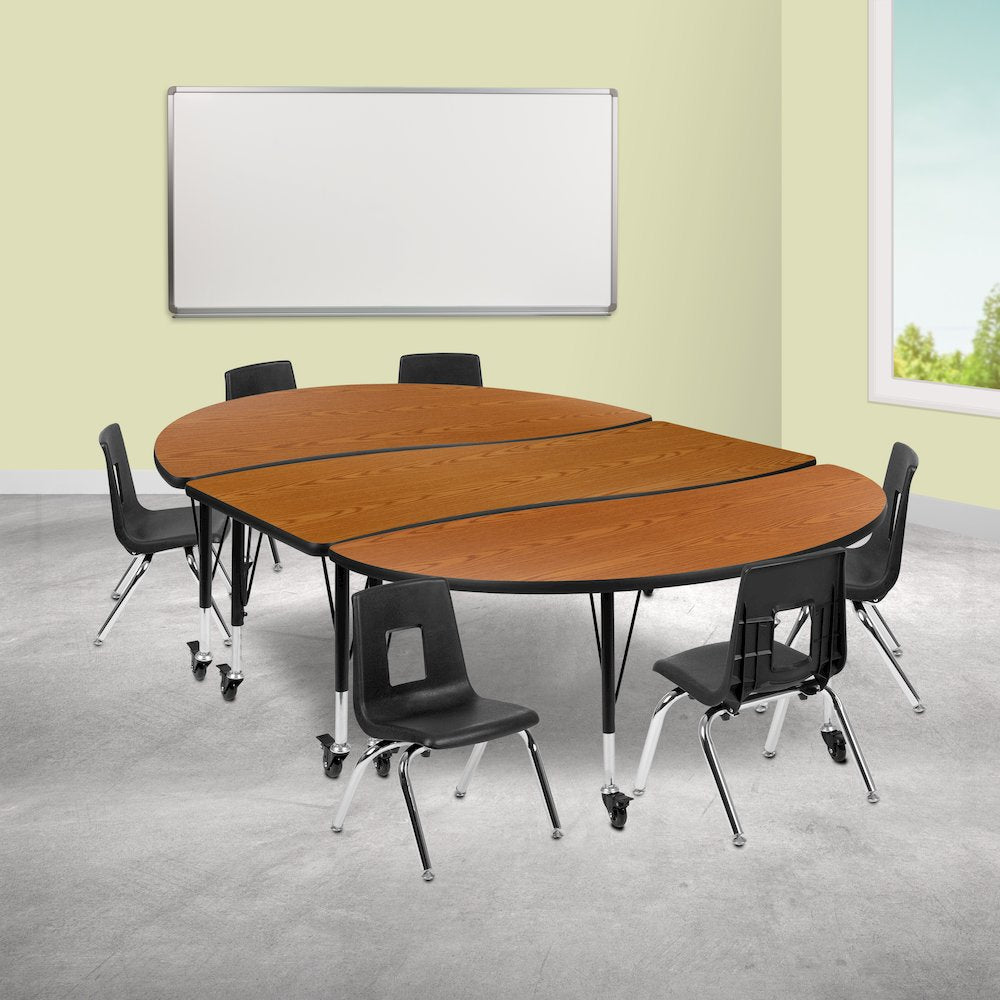 Mobile 86" Oval Wave Activity Table Set with 12" Student Stack Chairs, Oak/Black