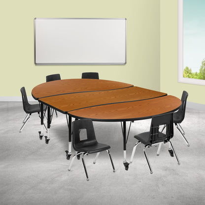 Mobile 86" Oval Wave Activity Table Set with 12" Student Stack Chairs, Oak/Black