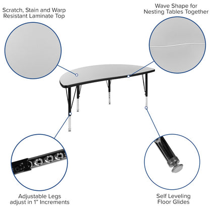 76" Oval Wave Activity Table Set with 14" Student Stack Chairs, Grey/Black