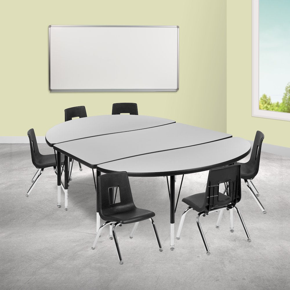 76" Oval Wave Activity Table Set with 14" Student Stack Chairs, Grey/Black