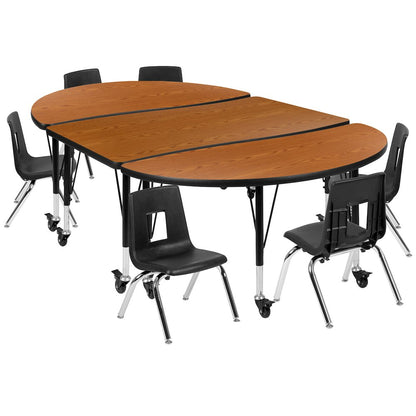 Mobile 76" Oval Wave Activity Table Set with 14" Student Stack Chairs, Oak/Black