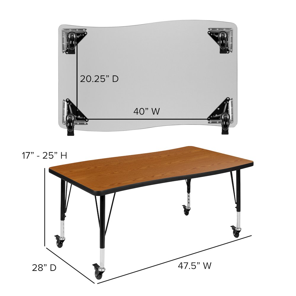 Mobile 76" Oval Wave Activity Table Set with 14" Student Stack Chairs, Oak/Black