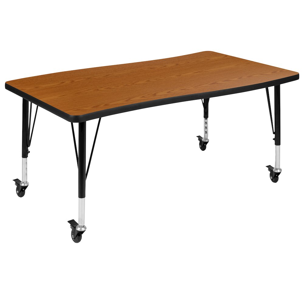 Mobile 76" Oval Wave Activity Table Set with 14" Student Stack Chairs, Oak/Black
