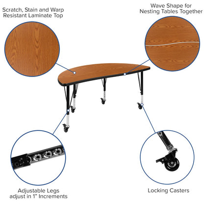 Mobile 76" Oval Wave Activity Table Set with 14" Student Stack Chairs, Oak/Black