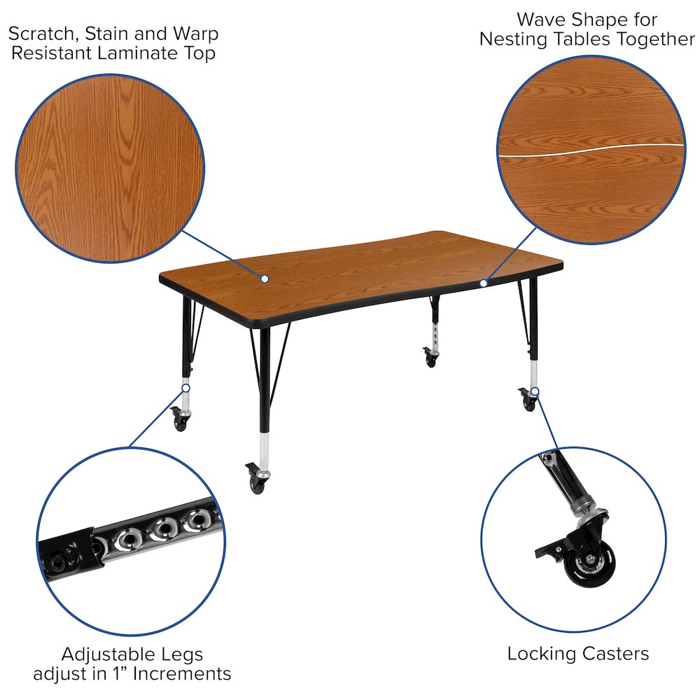 Mobile 76" Oval Wave Activity Table Set with 14" Student Stack Chairs, Oak/Black