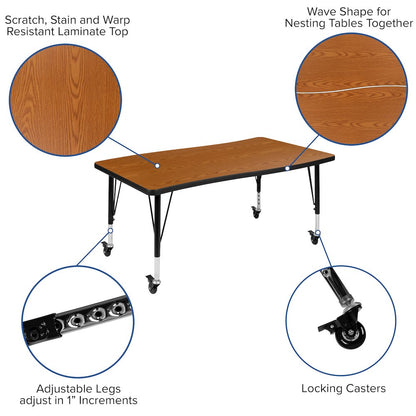 Mobile 76" Oval Wave Activity Table Set with 14" Student Stack Chairs, Oak/Black