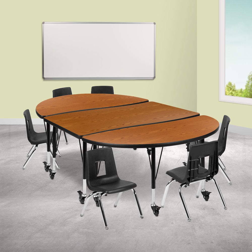 Mobile 76" Oval Wave Activity Table Set with 14" Student Stack Chairs, Oak/Black