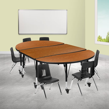 Mobile 76" Oval Wave Activity Table Set with 14" Student Stack Chairs, Oak/Black