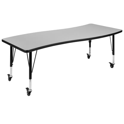 Mobile 86" Wave Activity Table Set with 14" Student Stack Chairs, Grey/Black