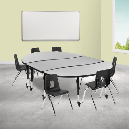 Mobile 86" Wave Activity Table Set with 14" Student Stack Chairs, Grey/Black