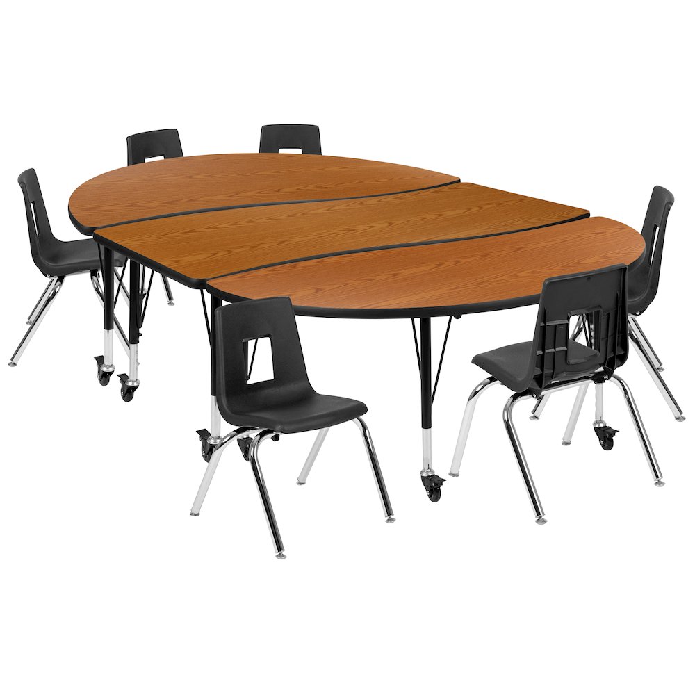 Mobile 86" Oval Wave Activity Table Set with 14" Student Stack Chairs, Oak/Black