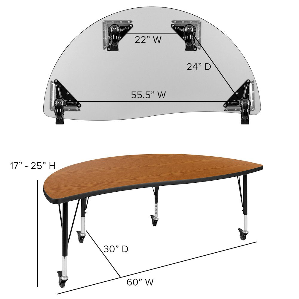 Mobile 86" Oval Wave Activity Table Set with 14" Student Stack Chairs, Oak/Black