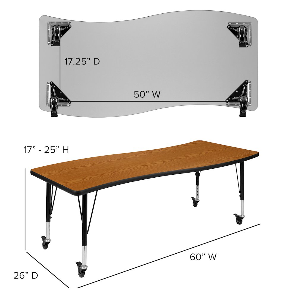 Mobile 86" Oval Wave Activity Table Set with 14" Student Stack Chairs, Oak/Black