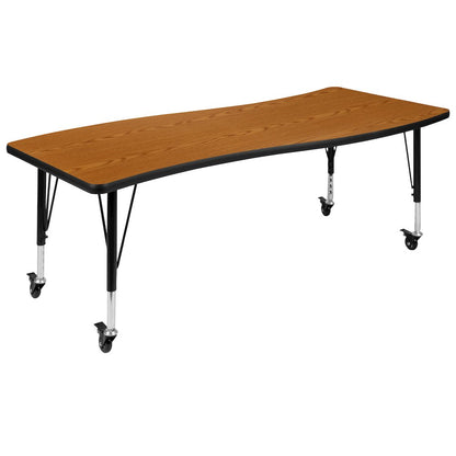Mobile 86" Oval Wave Activity Table Set with 14" Student Stack Chairs, Oak/Black
