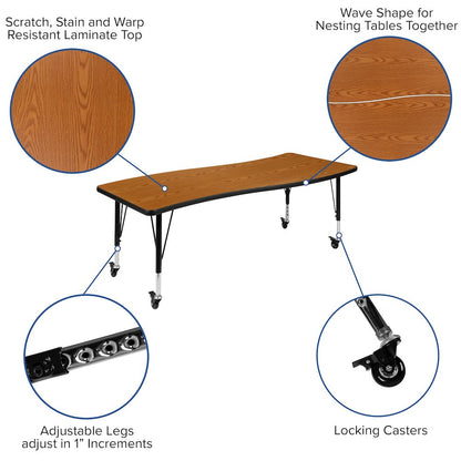 Mobile 86" Oval Wave Activity Table Set with 14" Student Stack Chairs, Oak/Black