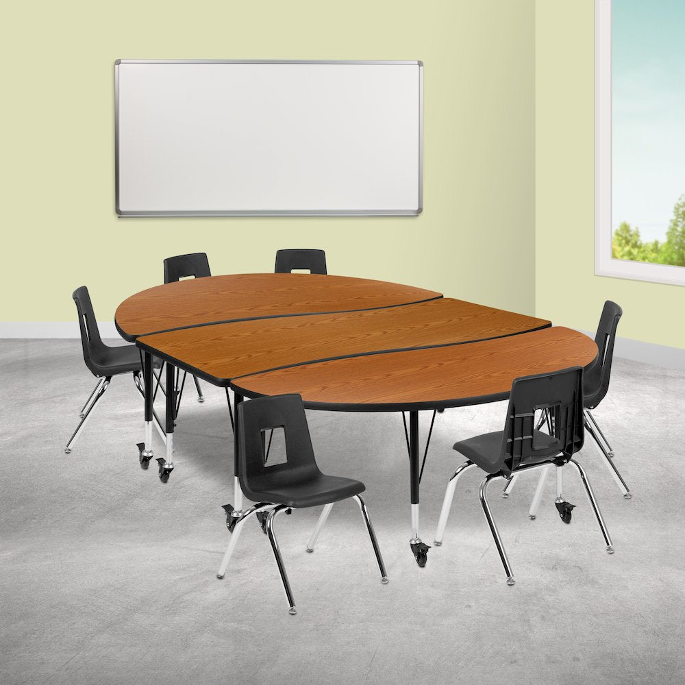 Mobile 86" Oval Wave Activity Table Set with 14" Student Stack Chairs, Oak/Black