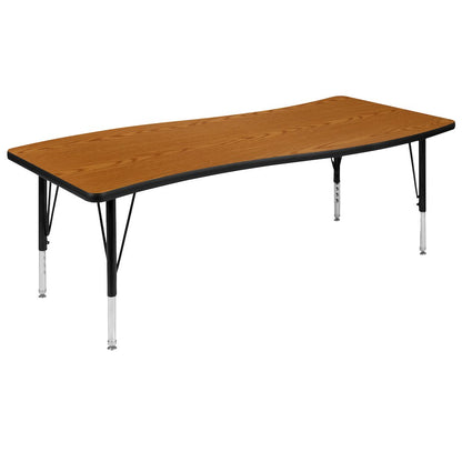 86" Oval Wave Activity Table Set with 14" Student Stack Chairs, Oak/Black