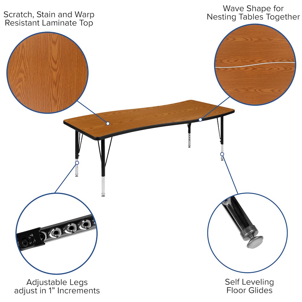 86" Oval Wave Activity Table Set with 14" Student Stack Chairs, Oak/Black