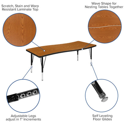 86" Oval Wave Activity Table Set with 14" Student Stack Chairs, Oak/Black