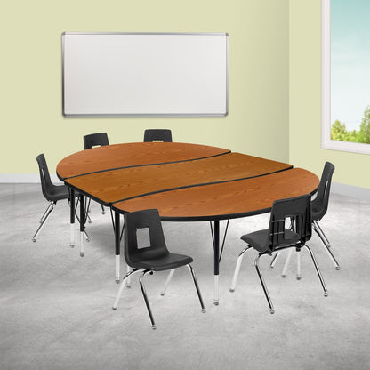 86" Oval Wave Activity Table Set with 14" Student Stack Chairs, Oak/Black