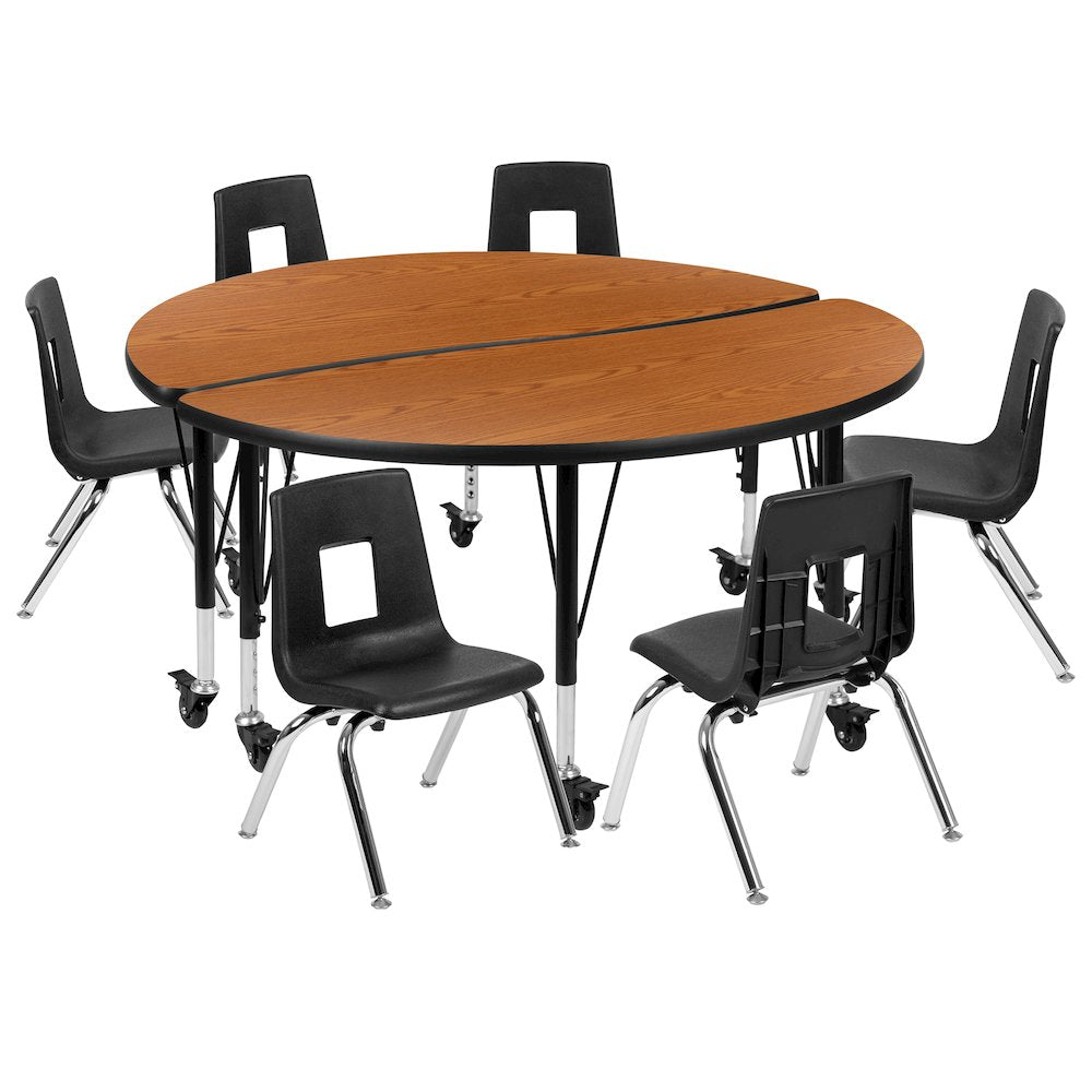 Mobile 47.5" Table Set with 14" Student Stack Chairs, Oak/Black