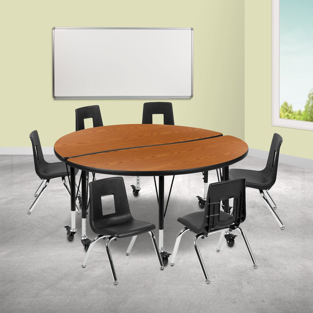 Mobile 47.5" Table Set with 14" Student Stack Chairs, Oak/Black