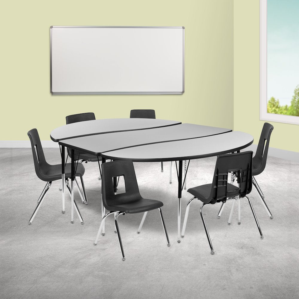 86" Oval Wave Activity Table Set with 16" Student Stack Chairs, Grey/Black