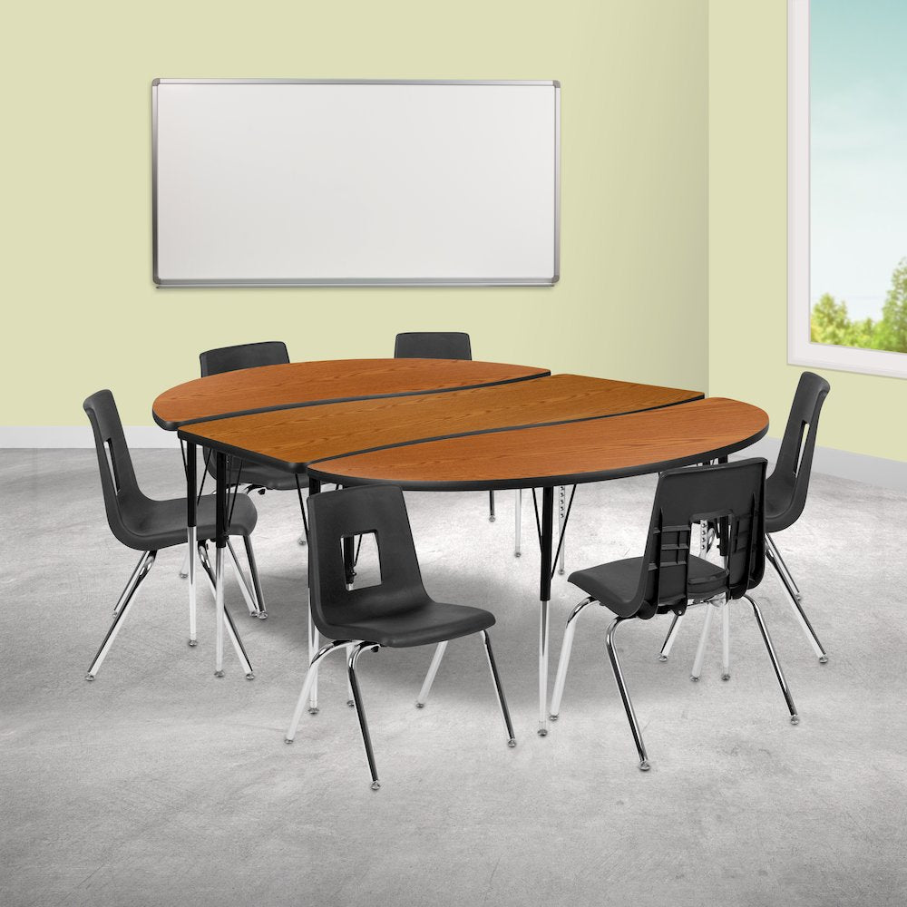 86" Oval Wave Activity Table Set with 16" Student Stack Chairs, Oak/Black