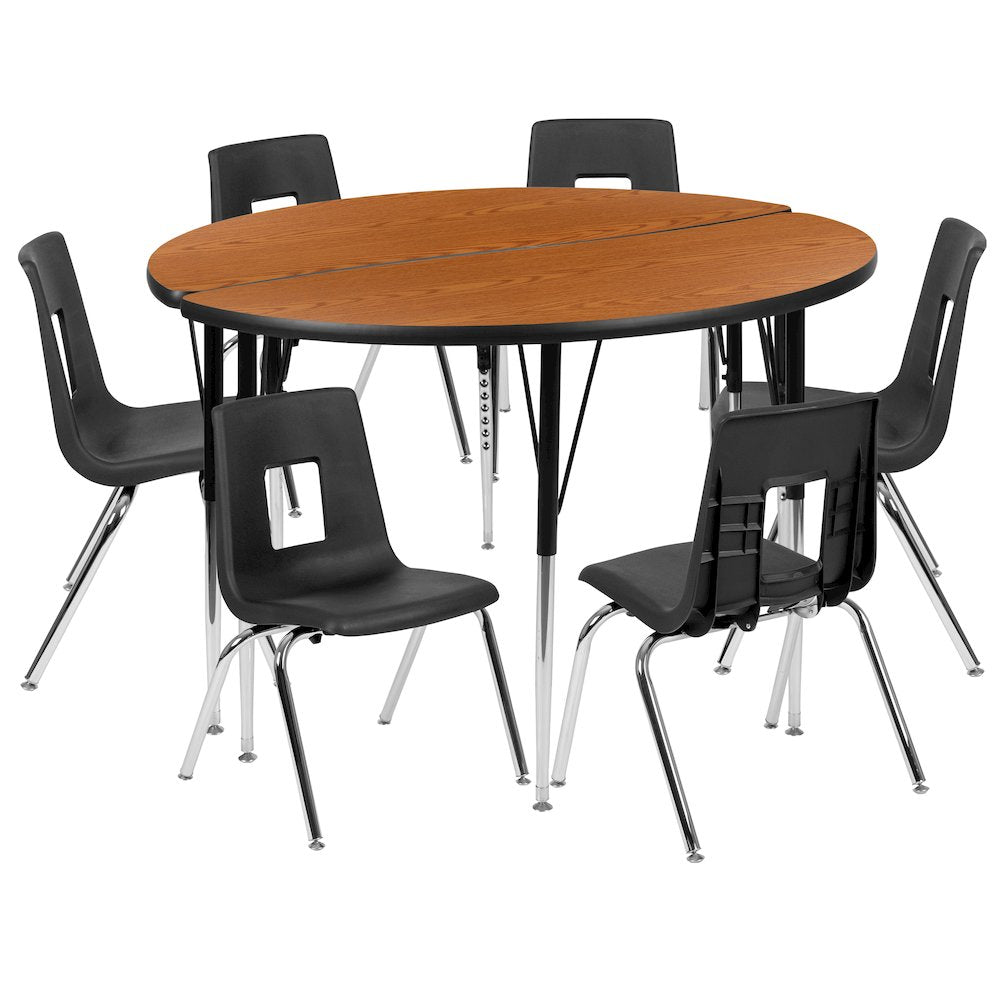 47.5" Circle Wave Activity Table Set with 16" Student Stack Chairs, Oak/Black