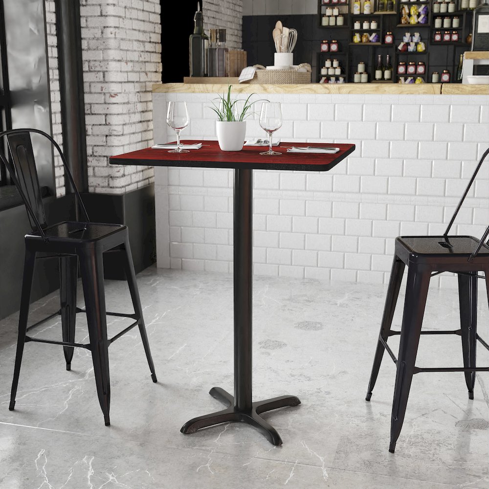30'' Square Mahogany Laminate Table Top with 22'' x 22'' Bar Height Table Base