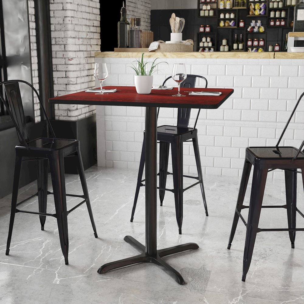 36'' Square Mahogany Laminate Table Top with 30'' x 30'' Bar Height Table Base