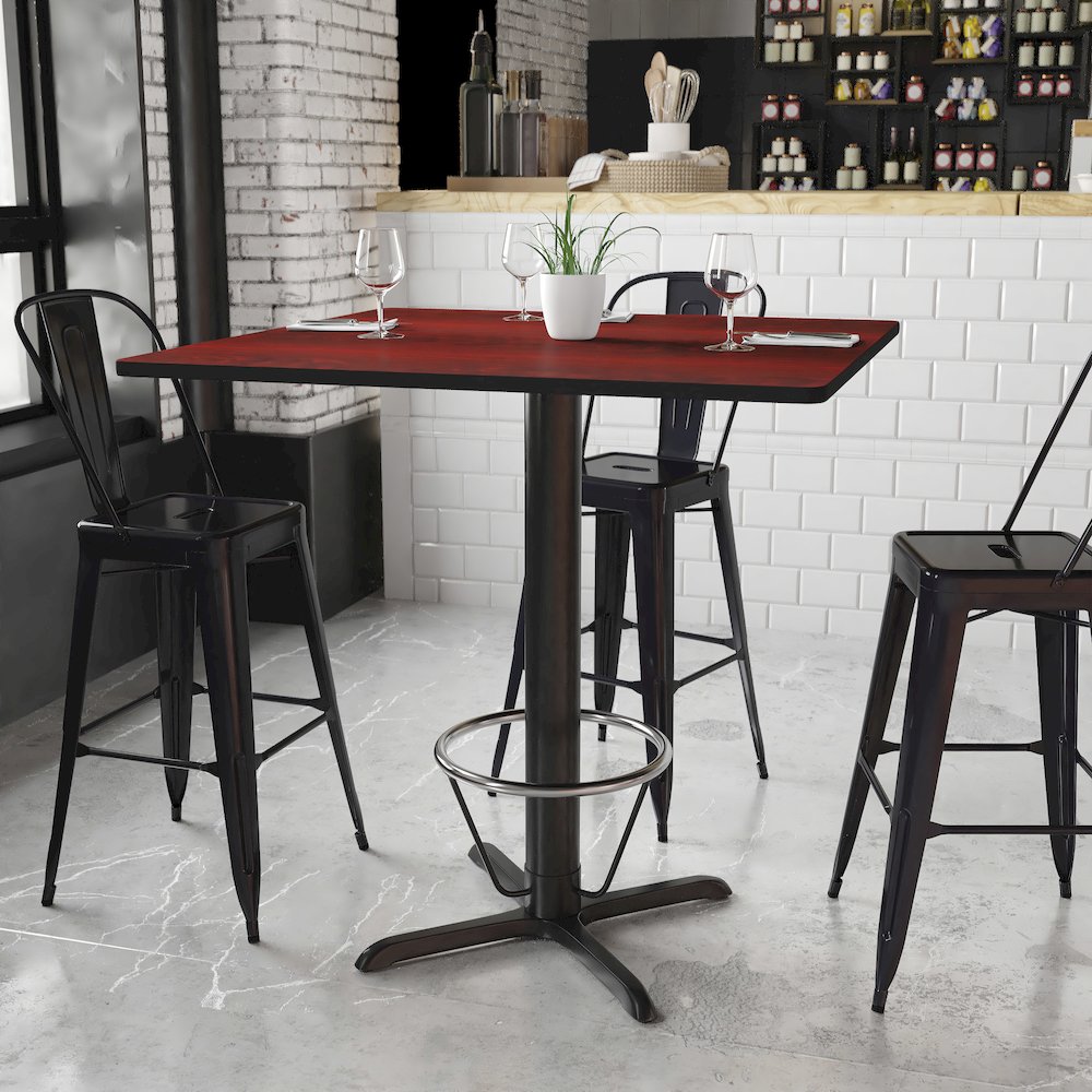 42'' Mahogany Table Top with 33'' x 33'' Bar Height Table Base and Foot Ring