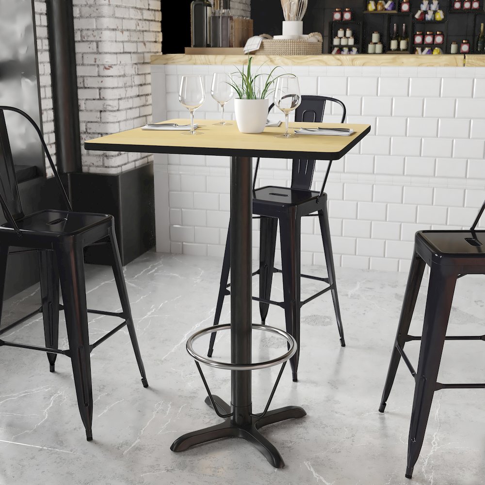 30'' Natural Table Top with 22'' x 22'' Bar Height Table Base and Foot Ring