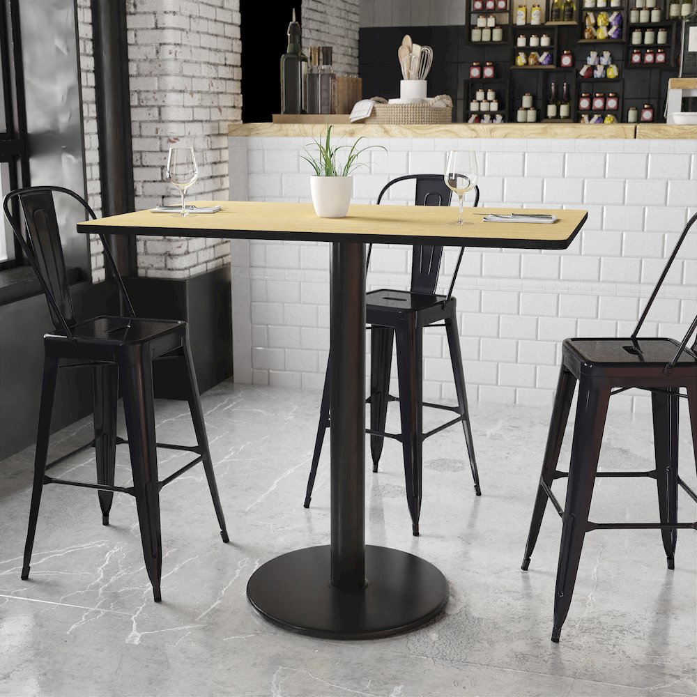 30'' x 48'' Rectangular Natural Table Top with 24'' Round Bar Height Table Base