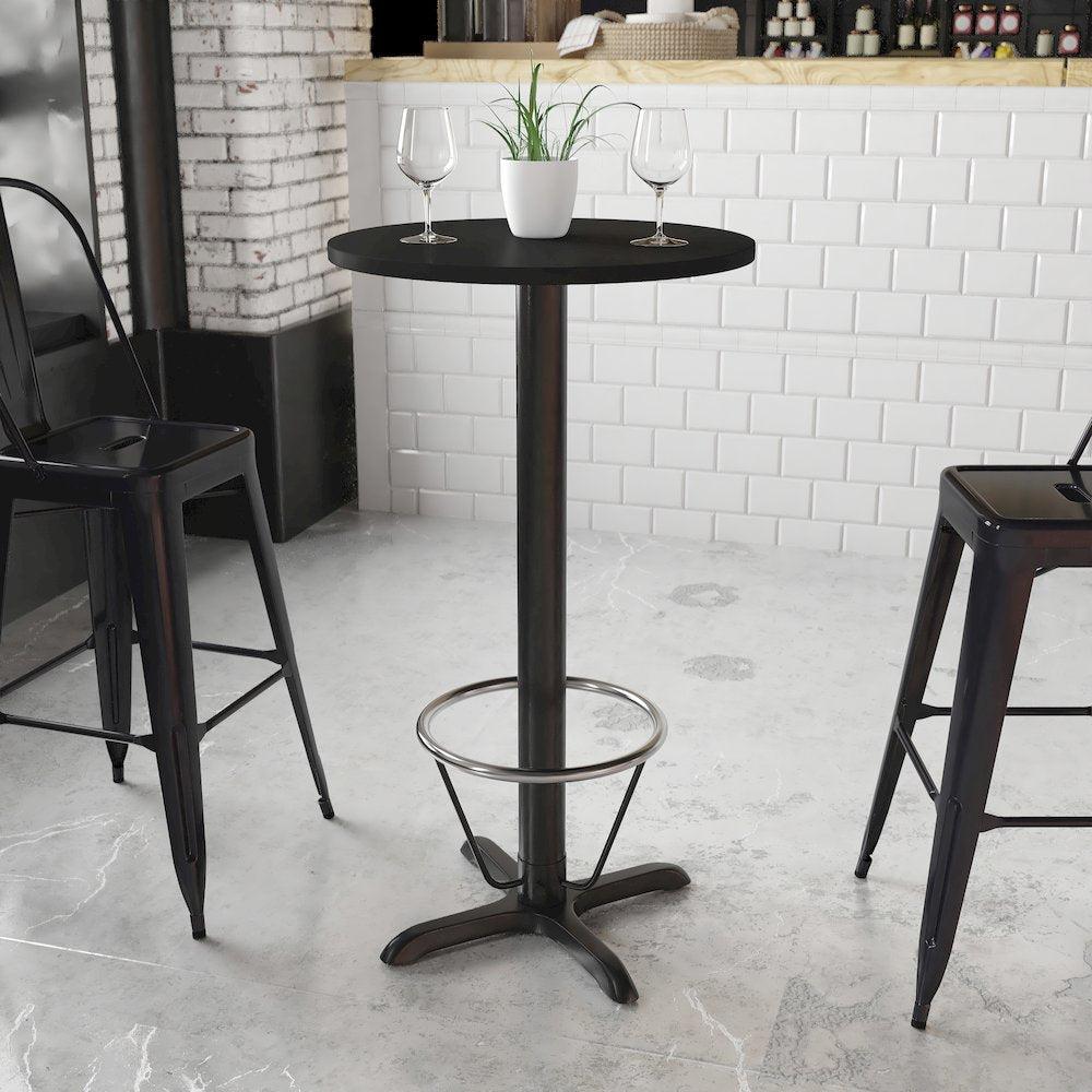 24'' Round Black Table Top with 22'' x 22'' Bar Height Table Base and Foot Ring
