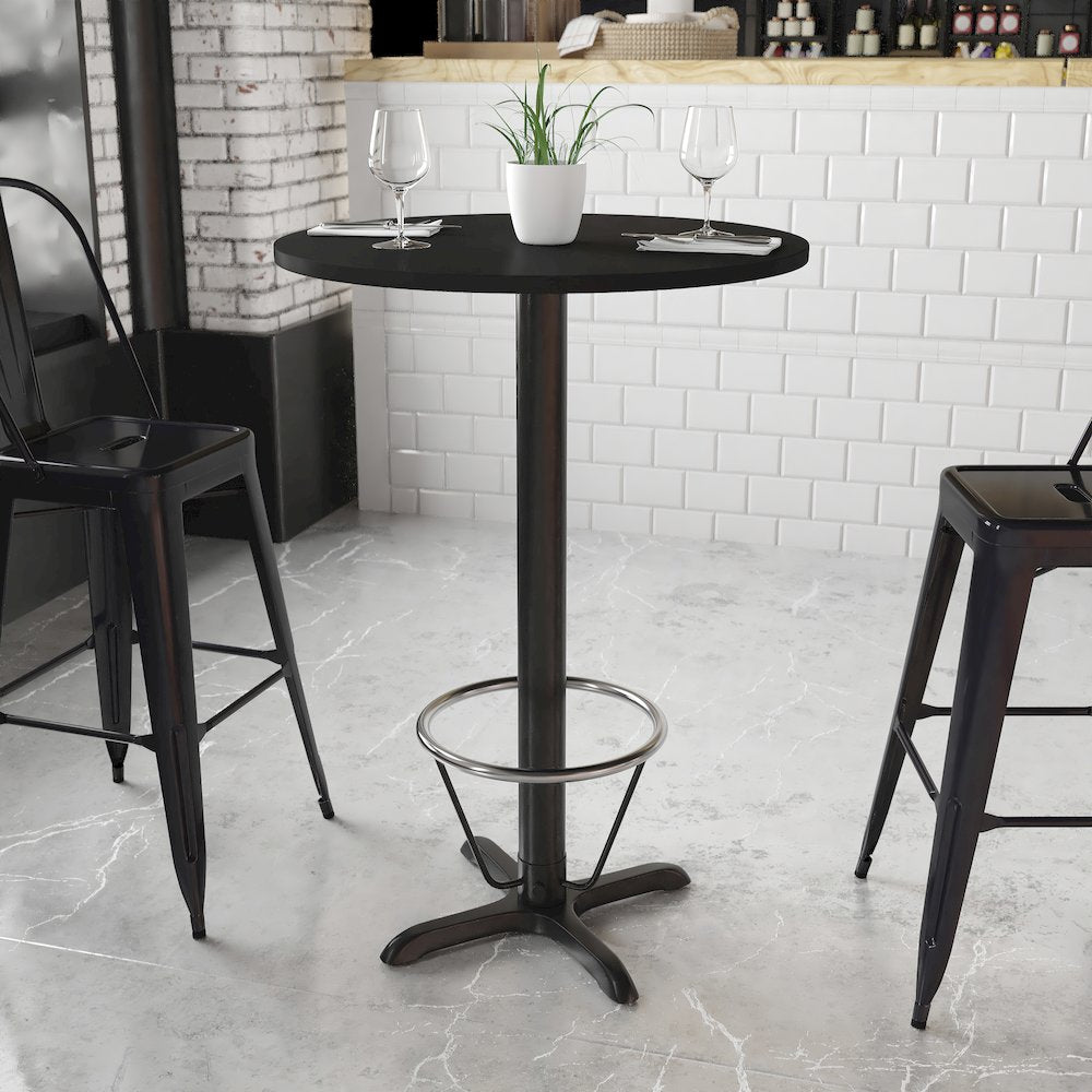 30'' Round Black Table Top with 22'' x 22'' Bar Height Table Base and Foot Ring