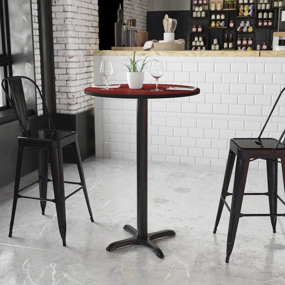 30'' Round Mahogany Laminate Table Top with 22'' x 22'' Bar Height Table Base